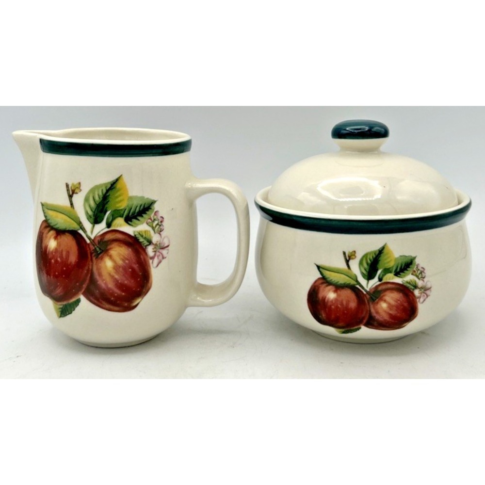 Vintage Casuals China Pearl Creamer & Sugar‎ Bowl W Lid Apple Pattern (Lot of 2)